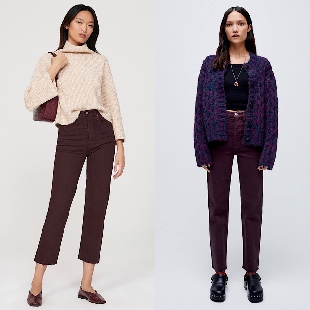 NWT RE/DONE 70s High Waist Stovepipe Straight Leg Ankle Crop Plum Denim Jeans 25